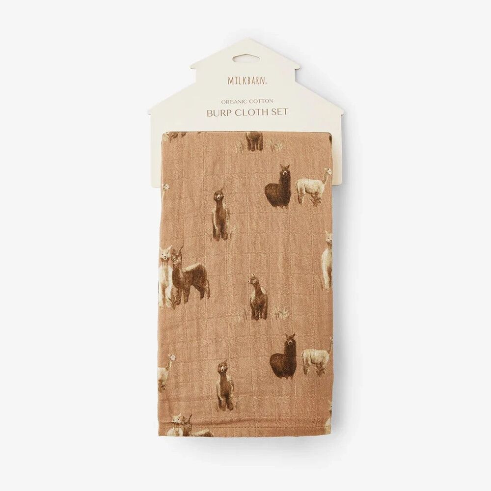 Milkbarn Newborn Organic Cotton Alpaca Pattern  Burp Cloth Set-Caramel Brown NEW